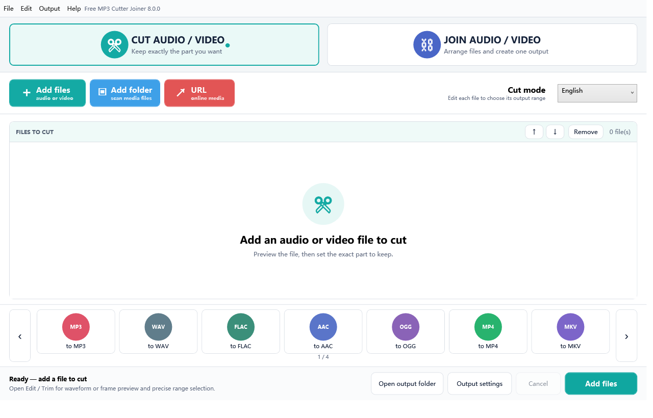 Free MP3 Cutter Joiner interface in Cut mode